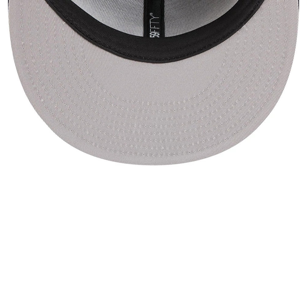 Colorado Rockies MLB X Looney Tunes Bugs Bunny Black New Era 59FIFTY Fitted Cap, inside view showing the grey undervisor, the black sweatband, and the 59FIFTY logo printed on the black taping running along the interior seam.