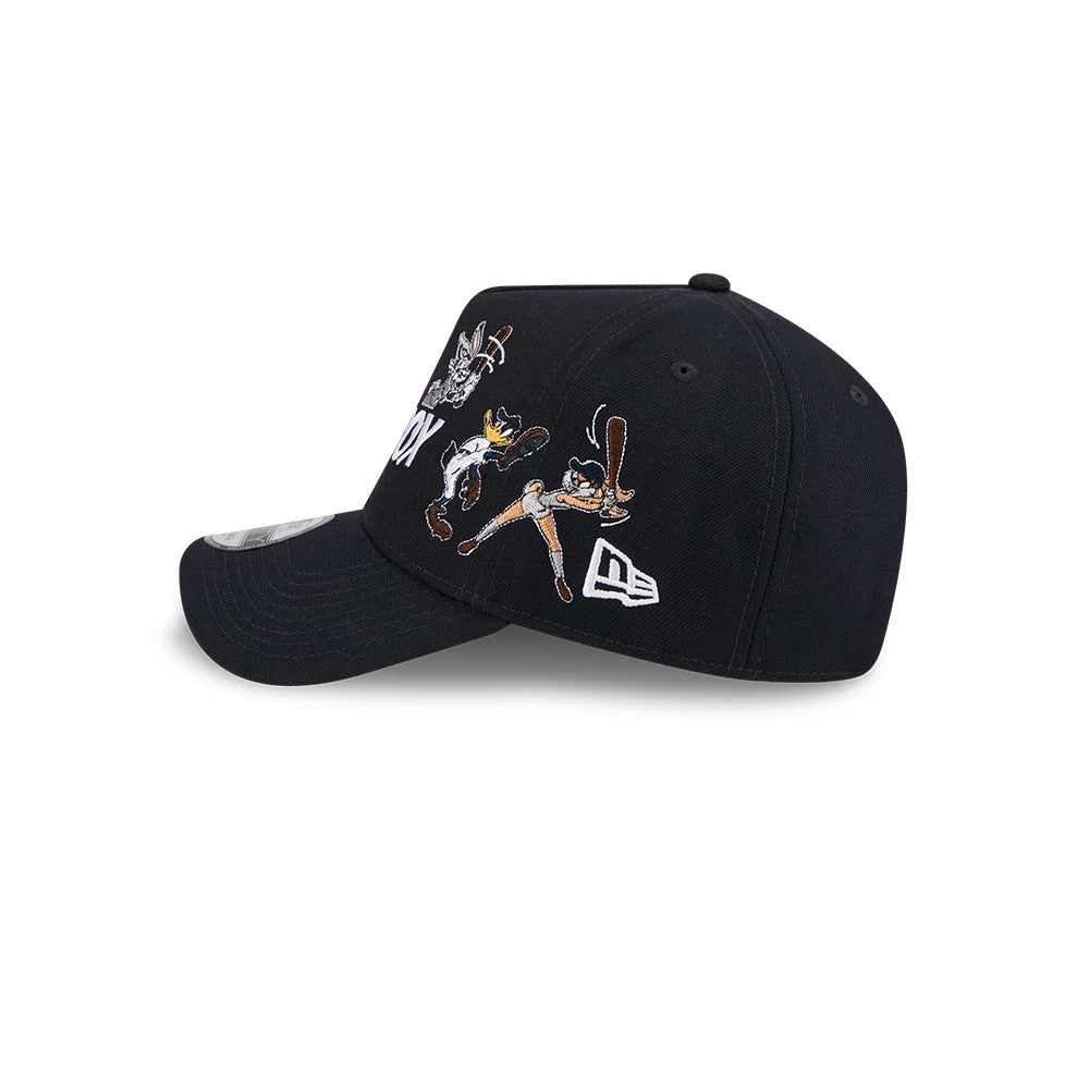 Boston Red Sox MLB X Looney Tunes Navy New Era 9FORTY A-Frame Adjustable Cap, side view showing cartoon character embroidery in full colour on the front panel, with the white New Era flag logo on the left side of the navy structured crown.