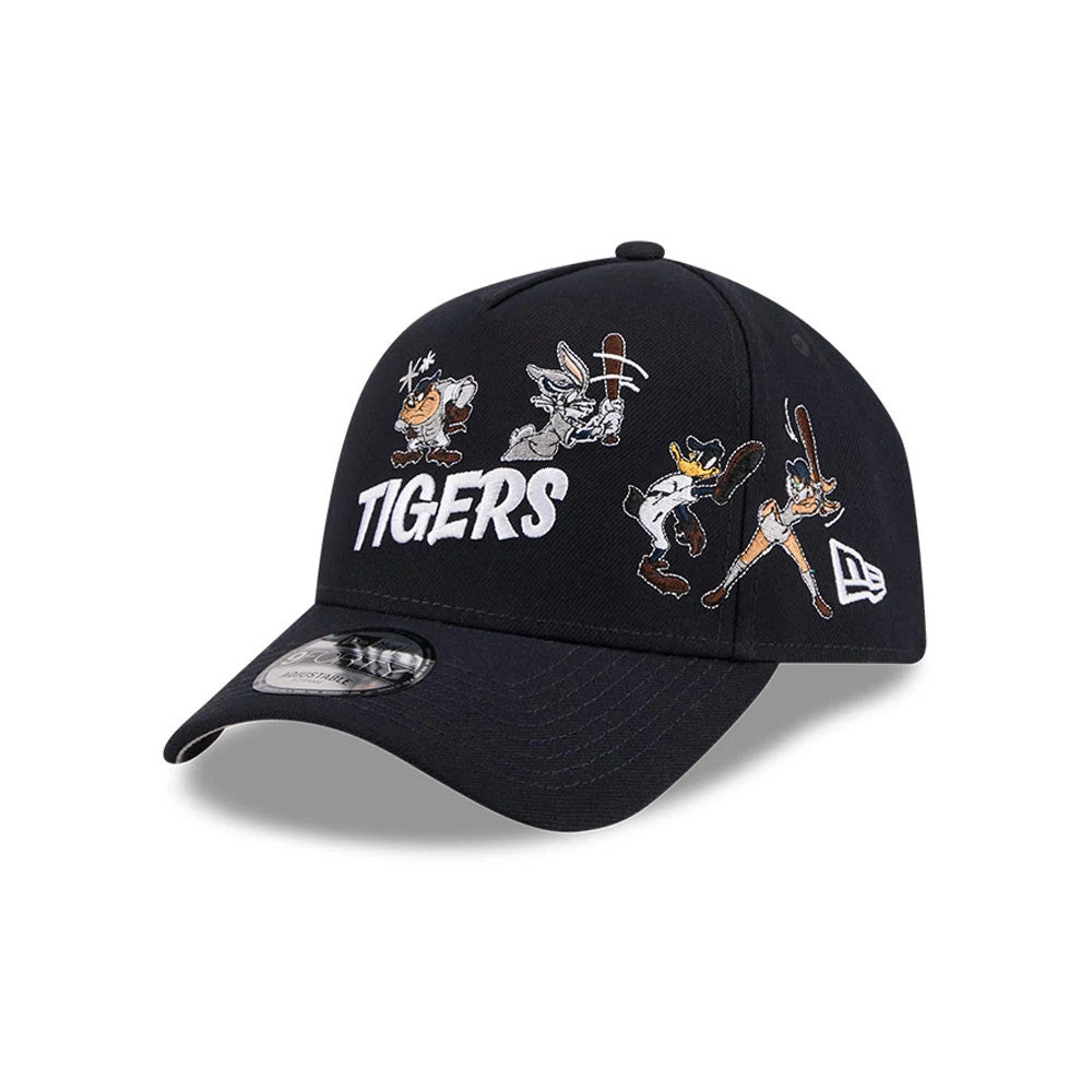 Detroit Tigers MLB X Looney Tunes Navy New Era 9FORTY A-Frame Adjustable Cap, three-quarter view showing Bugs Bunny, Daffy Duck, and other Looney Tunes characters in full colour embroidered on the structured navy crown with a curved visor.
