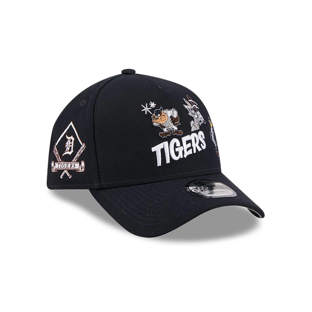 Detroit Tigers MLB X Looney Tunes Navy New Era 9FORTY A-Frame Adjustable Cap, three-quarter view showing embroidered cartoon characters and 'TIGERS' text on the front panels, with a black curved visor and 9FORTY size sticker.