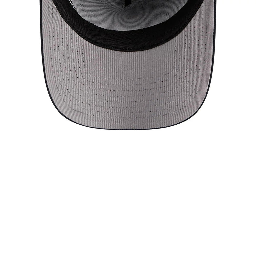Detroit Tigers MLB X Looney Tunes Navy New Era 9FORTY A-Frame Adjustable Cap, inside view showing the grey undervisor with detailed stitching, contrasting black sweatband, and fabric taping across the structure of the crown's interior.
