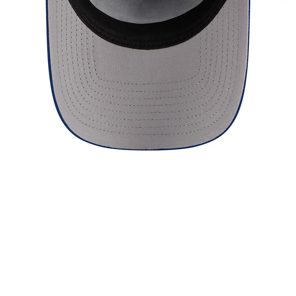 New York Mets MLB X Looney Tunes Blue New Era 9FORTY A-Frame Adjustable Cap, inside view showing the grey undervisor with neat stitching, black sweatband encircling the interior, and the curved shape of the blue edge.