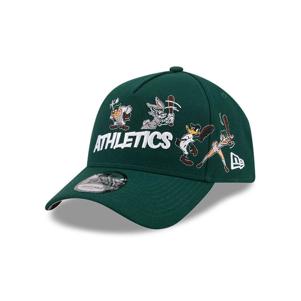 Athletics MLB X Looney Tunes Dark Green New Era 9FORTY A-Frame Adjustable Cap, front view showing a collection of Looney Tunes character graphics embroidered above a white Athletics logo on the structured crown, with a dark green curved visor.