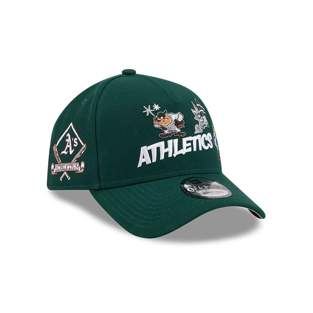 Athletics MLB X Looney Tunes Dark Green New Era 9FORTY A-Frame Adjustable Cap, three-quarter view showing embroidered characters on the front panel alongside the word Athletics in white, with an A's logo on the left side.