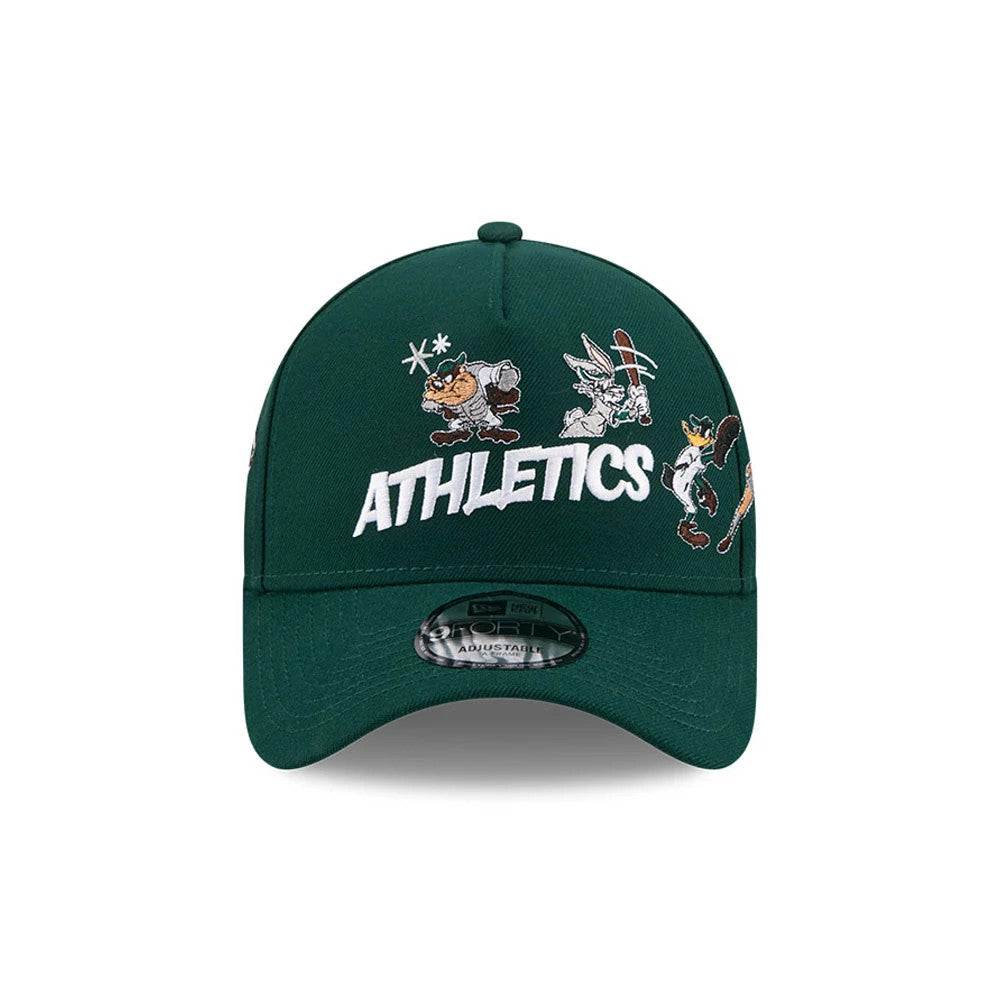 Athletics MLB X Looney Tunes Dark Green New Era 9FORTY A-Frame Adjustable Cap, front view showing colourful embroidered Looney Tunes characters above white ATHLETICS lettering on the structured crown.