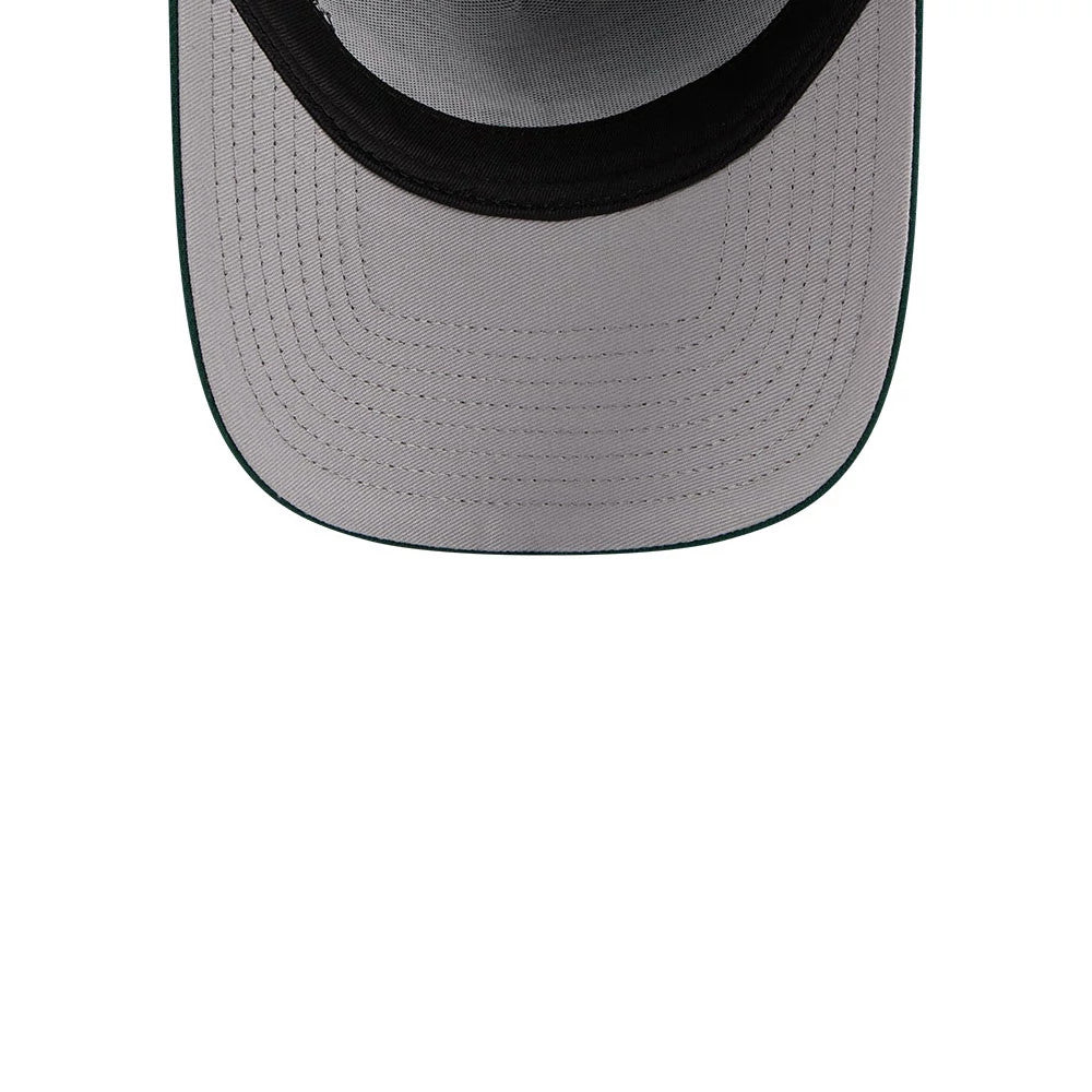 Athletics MLB X Looney Tunes Dark Green New Era 9FORTY A-Frame Adjustable Cap, inside view showing the grey undervisor, with detailed stitching in concentric circles, black sweatband lining and the dark green fabric of the crown panels.