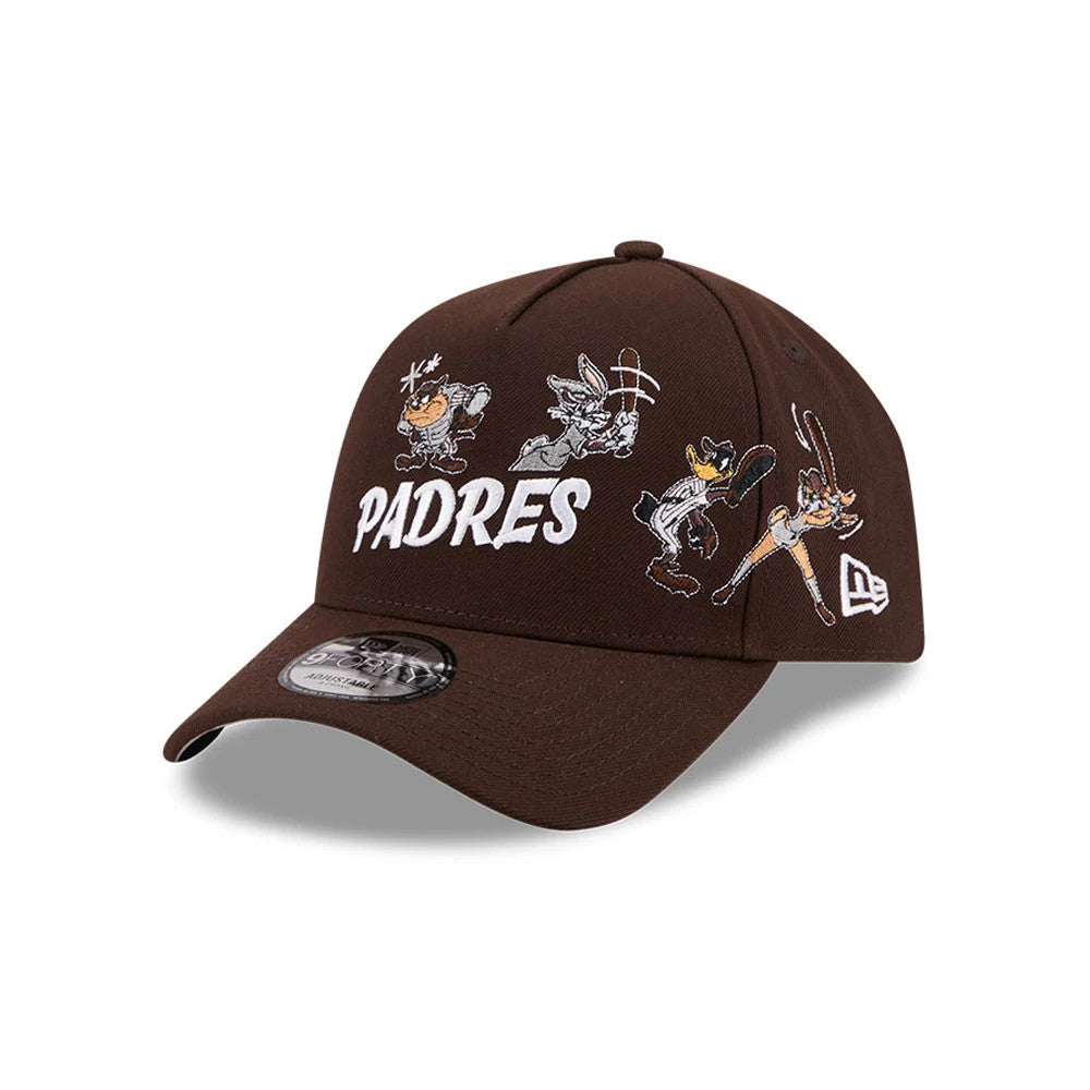 San Diego Padres MLB X Looney Tunes Dark Brown New Era 9FORTY A-Frame Adjustable Cap, three-quarter view showing white embroidered PADRES lettering with Looney Tunes characters, a curved visor with a 9FORTY size sticker.
