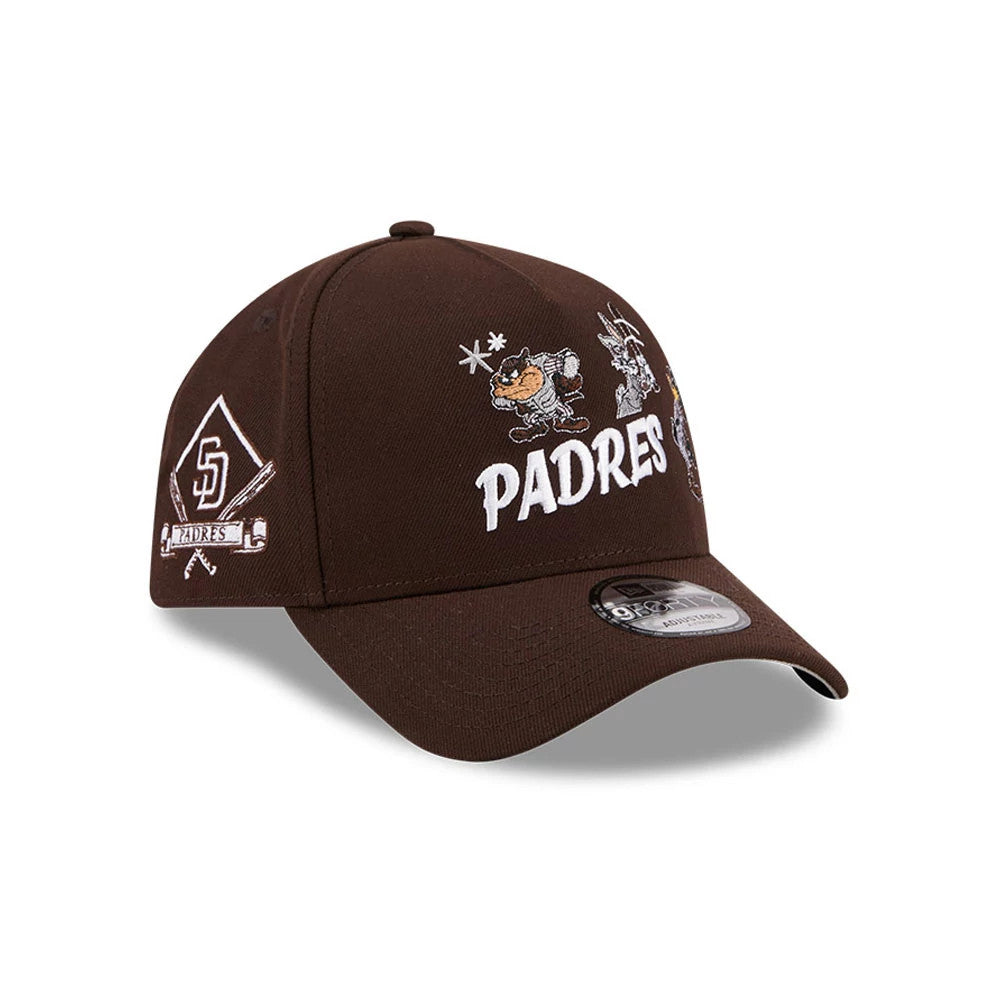 San Diego Padres MLB X Looney Tunes Dark Brown New Era 9FORTY A-Frame Adjustable Cap, three-quarter view showing the white Padres front logo with embroidered Looney Tunes characters, flat brown visor and the 9FORTY size sticker on the visor.