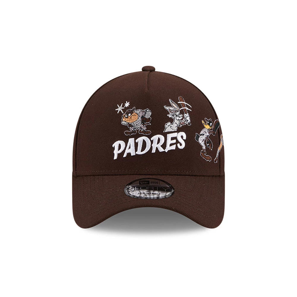 San Diego Padres MLB X Looney Tunes Dark Brown New Era 9FORTY A-Frame Adjustable Cap, front view showing white embroidered PADRES lettering and Looney Tunes characters across the structured dark brown crown, with 9FORTY size sticker on the visor.