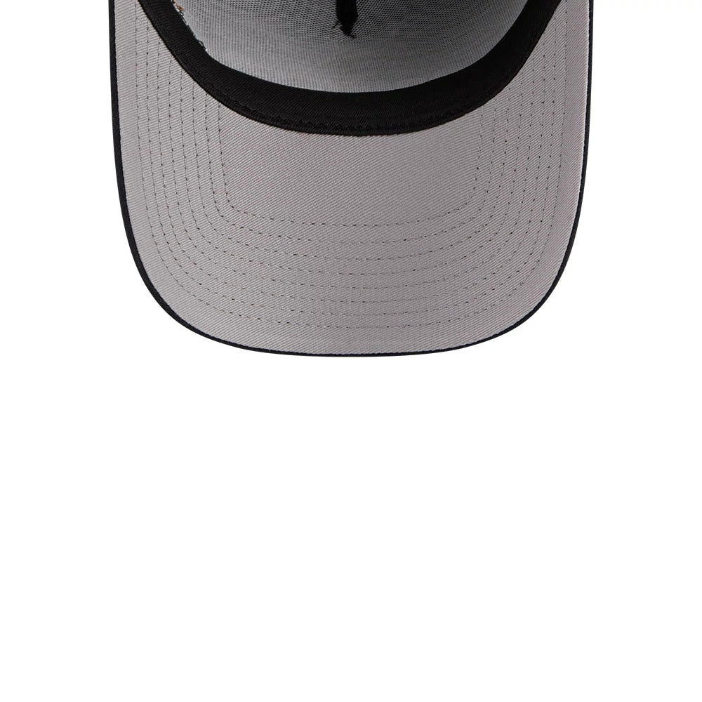 New York Yankees MLB X Looney Tunes Navy New Era 9FORTY A-Frame Adjustable Cap, inside view showing the grey undervisor, the black sweatband lining the base of the structured crown, and detailed stitching across the inner panels.