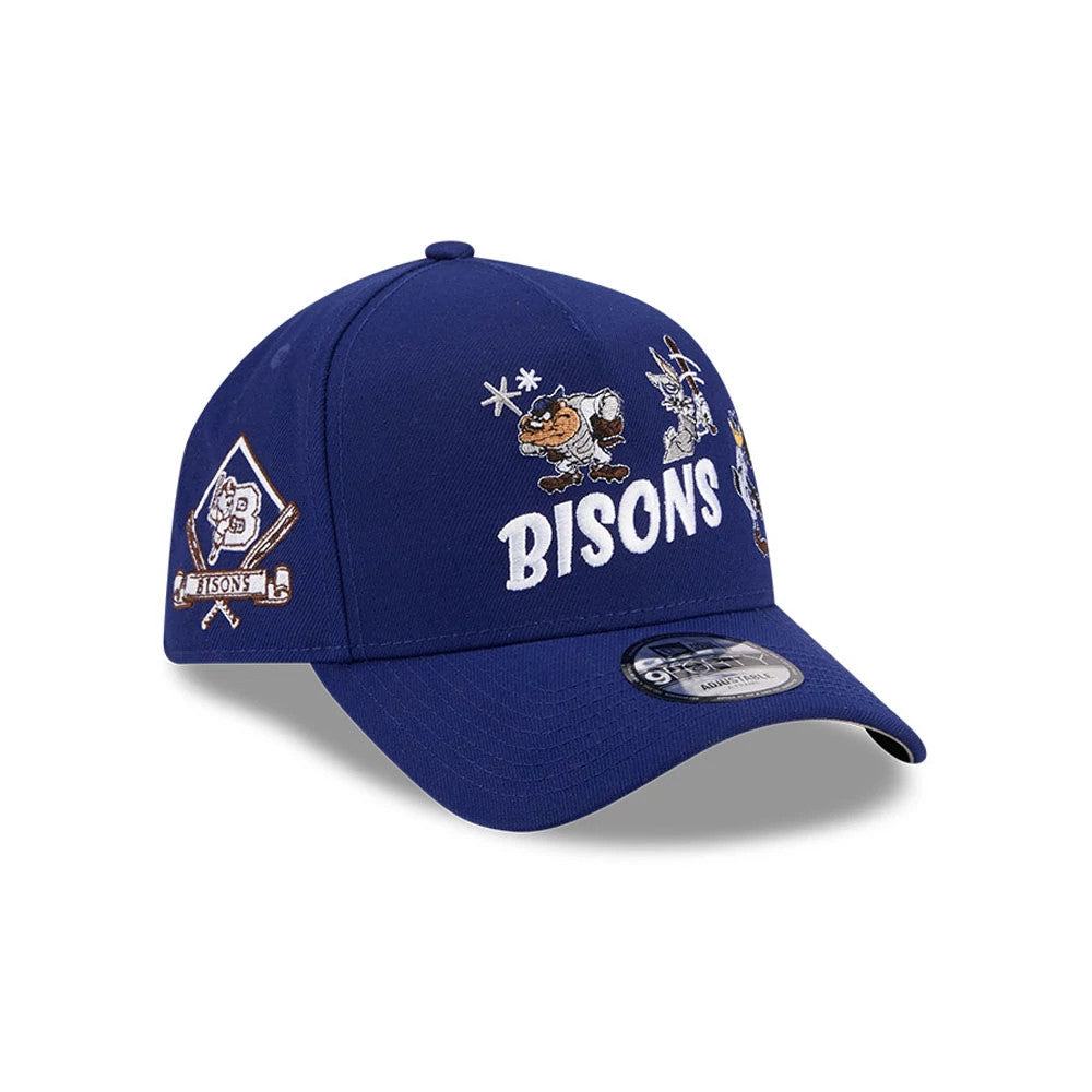 Buffalo Bisons MiLB X Looney Tunes Dark Blue New Era 9FORTY A-Frame Adjustable Cap, three-quarter view showing the embroidered Bisons text with Looney Tunes characters above it on the front, black New Era flag logo on the left side.