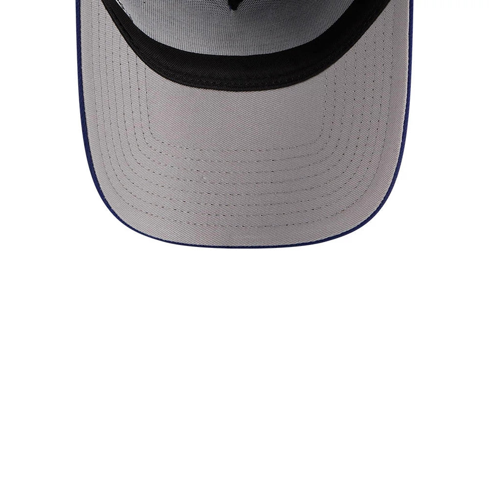 Buffalo Bisons MiLB X Looney Tunes Dark Blue New Era 9FORTY A-Frame Adjustable Cap, inside view showing the grey undervisor with evenly spaced stitching, black sweatband bordering the crown, and a touch of dark blue on the edge of the visor.