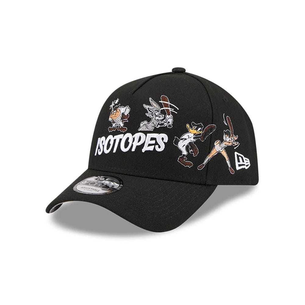 Pictured is this MiLB X Looney Tunes Albuquerque Isotopes 9FORTY A-Frame Adjustable cap in black. 1