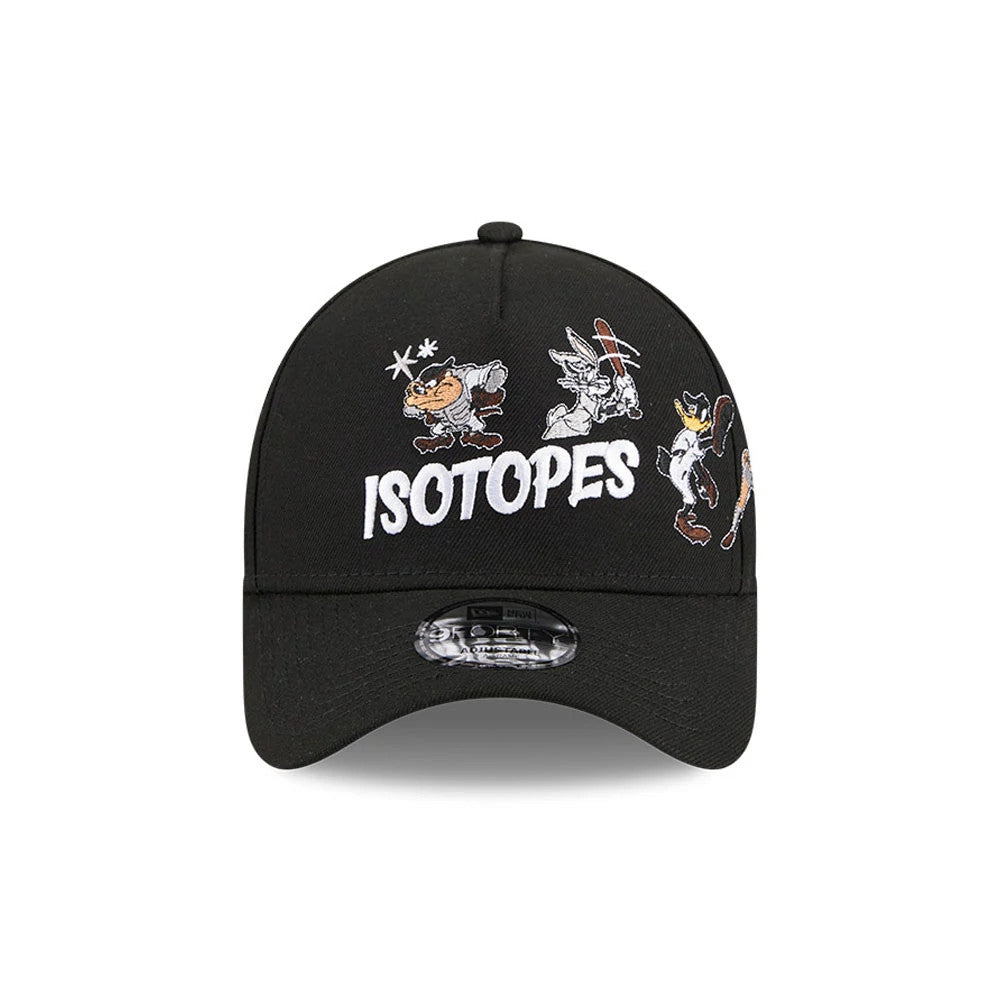 Albuquerque Isotopes MiLB X Looney Tunes Black New Era 9FORTY A-Frame Adjustable Cap, front view showing raised embroidered Isotopes lettering on the crown with Looney Tunes characters above, curved black visor with a 9FORTY size sticker.