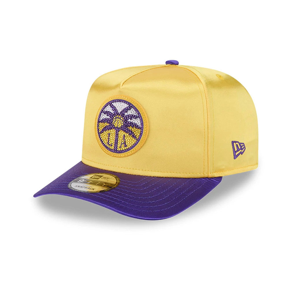 LA Sparks WNBA Draft 2026 Yellow New Era 9FIFTY A-Frame Snapback Adjustable Cap, front view showing the purple and white embroidered team logo on the yellow crown, with a purple visor and the 9FIFTY size sticker affixed on top.