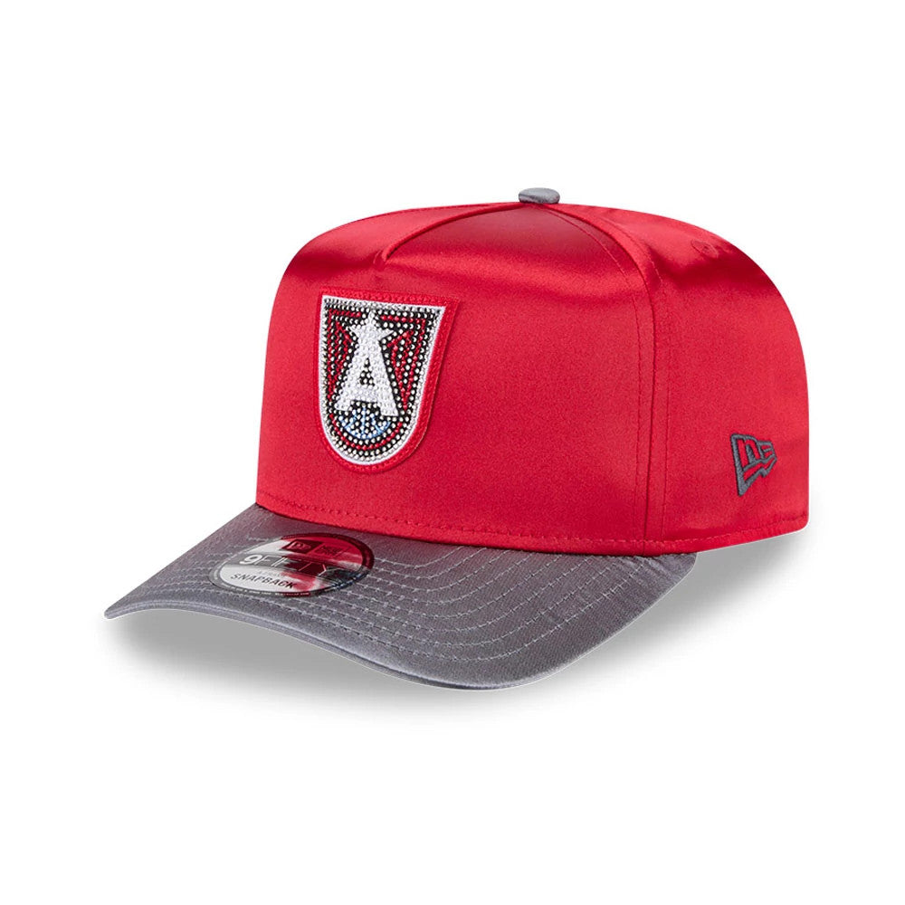 Dream WNBA Draft 2026 Red New Era 9FIFTY A-Frame Snapback Adjustable Cap, three-quarter view showing the front panel with a rhinestone-encrusted A logo, grey visor with a 9FIFTY size sticker, and red embroidered New Era flag logo on the left side.