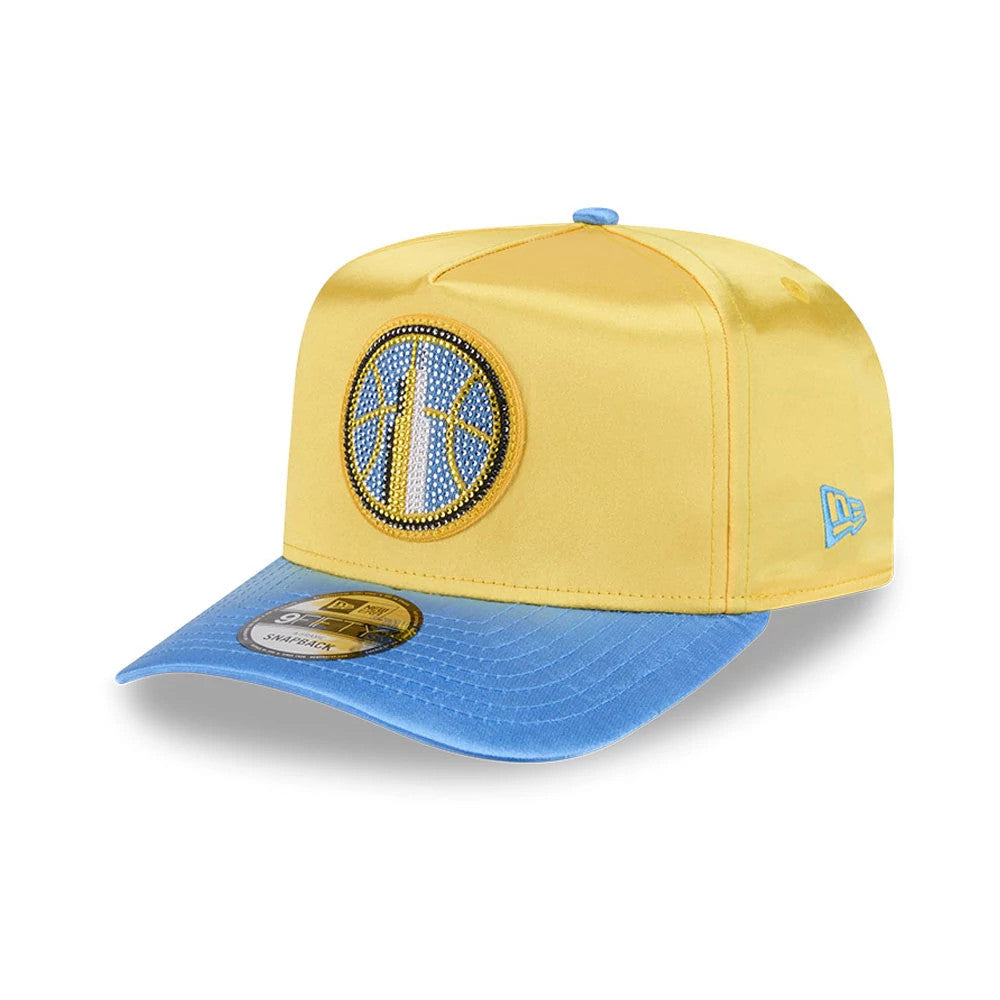 Sky WNBA Draft 2026 Yellow New Era 9FIFTY A-Frame Snapback Adjustable Cap, front view showing a large embroidered team logo in blue and gold on the front panel, complemented by a light blue visor with a 9FIFTY size sticker.