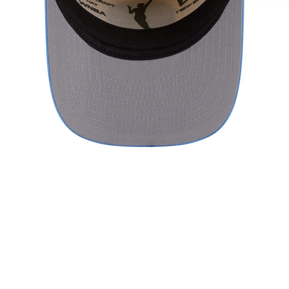 Sky WNBA Draft 2026 Yellow New Era 9FIFTY A-Frame Snapback Adjustable Cap, inside view showing the grey undervisor with light blue edge, black stitching on the visor, and shaded graphics including a WNBA silhouette under the crown.