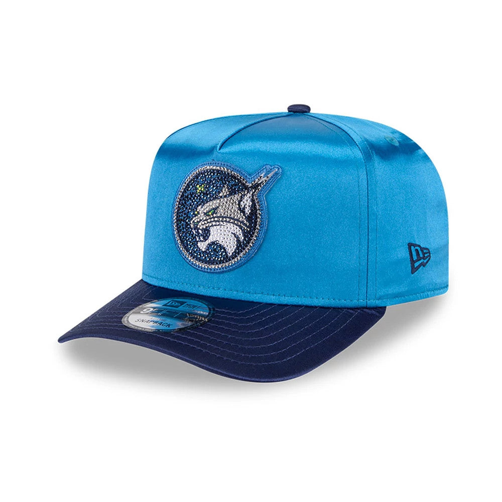 Minnesota Lynx WNBA Draft 2026 Blue New Era 9FIFTY A-Frame Snapback Adjustable Cap, three-quarter view showing a bejewelled Lynx logo in raised embroidery on light blue front panels, with a dark blue curved visor.