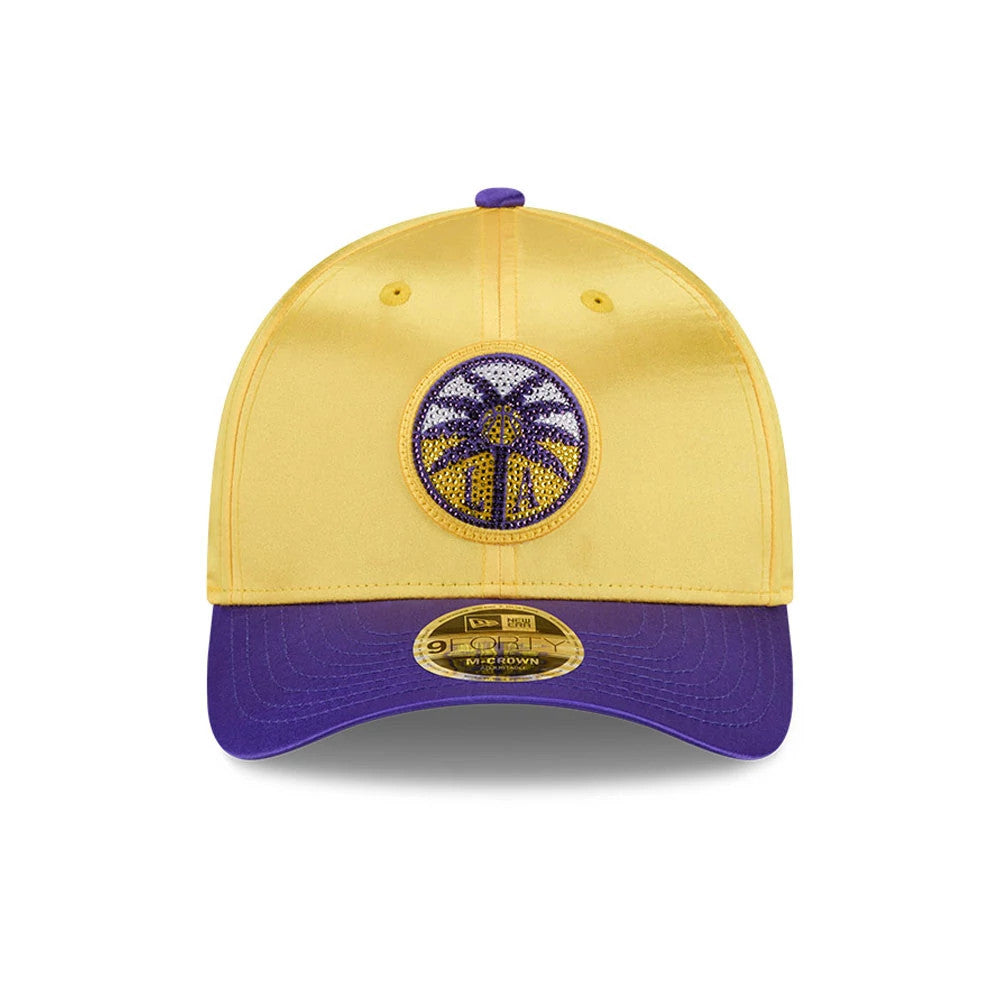 Los Angeles Sparks WNBA Draft 2026 Yellow New Era 9FORTY M-Crown Adjustable Cap, front view showing a raised purple and yellow palm tree and basketball logo embroidered on the crown, with a contrasting purple curved visor.