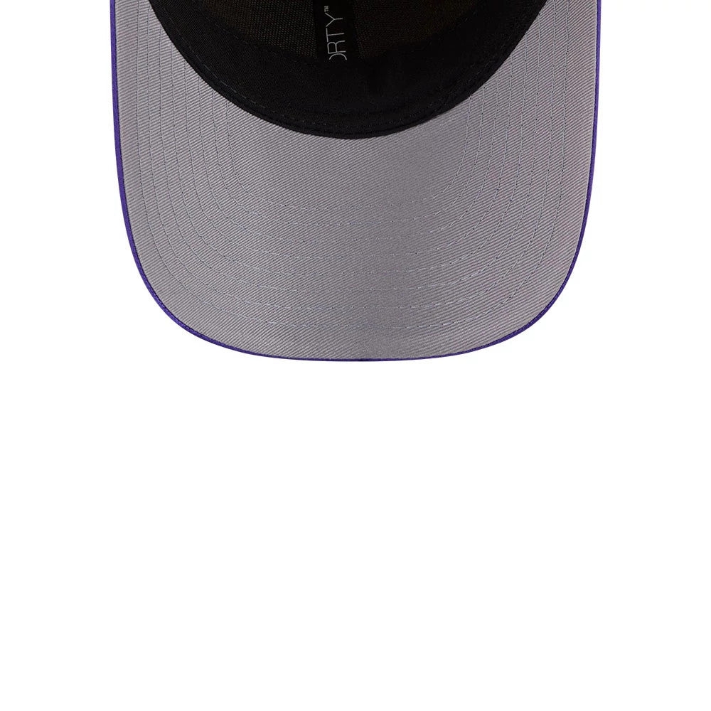 Los Angeles Sparks WNBA Draft 2026 Yellow New Era 9FORTY M-Crown Adjustable Cap, inside view showing a black sweatband with New Era logo taping beneath a contrasting light grey undervisor accented by a purple trim.