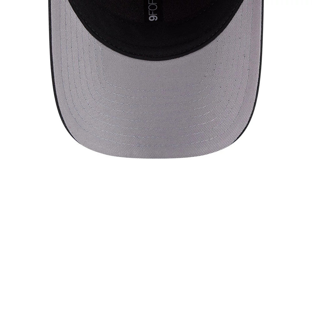 Portland Fire WNBA Draft 2026 Red New Era 9FORTY M-Crown Adjustable Cap, inside view showing the grey undervisor with stitching, contrasting black sweatband lining the interior edge, and the 9FORTY size sticker positioned on the internal band.