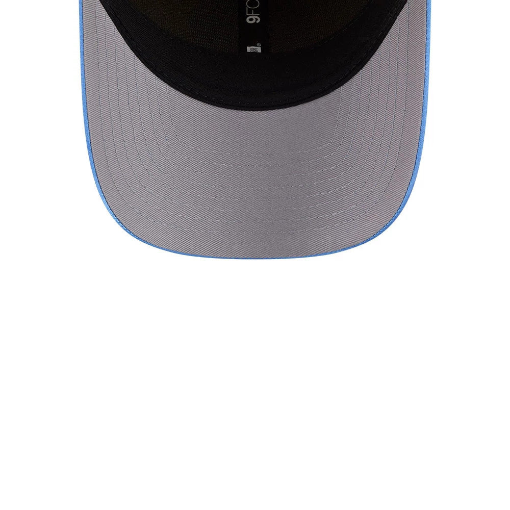 Chicago Sky WNBA Draft 2026 Yellow New Era 9FORTY M-Crown Adjustable Cap, inside view showing a grey undervisor with blue trim, a black sweatband with a 9FORTY size sticker, and dark taping running across the crown.