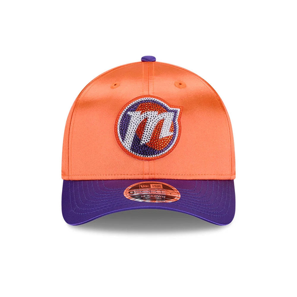 Phoenix Mercury WNBA Draft 2026 Orange New Era 9FORTY M-Crown Adjustable Cap, front view showing a large embroidered team logo in white, orange, and purple on the front panel, a purple curved visor, and a 9FORTY size sticker on the visor.