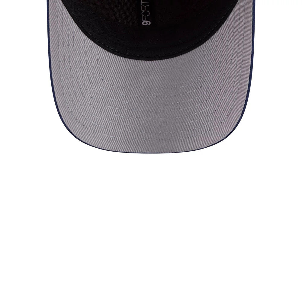 Connecticut Sun WNBA Draft 2026 Orange New Era 9FORTY M-Crown Adjustable Cap, inside view showing a contrasting grey undervisor, black sweatband with an imprinted 9FORTY size sticker, and detailed stitching along the visor edge.