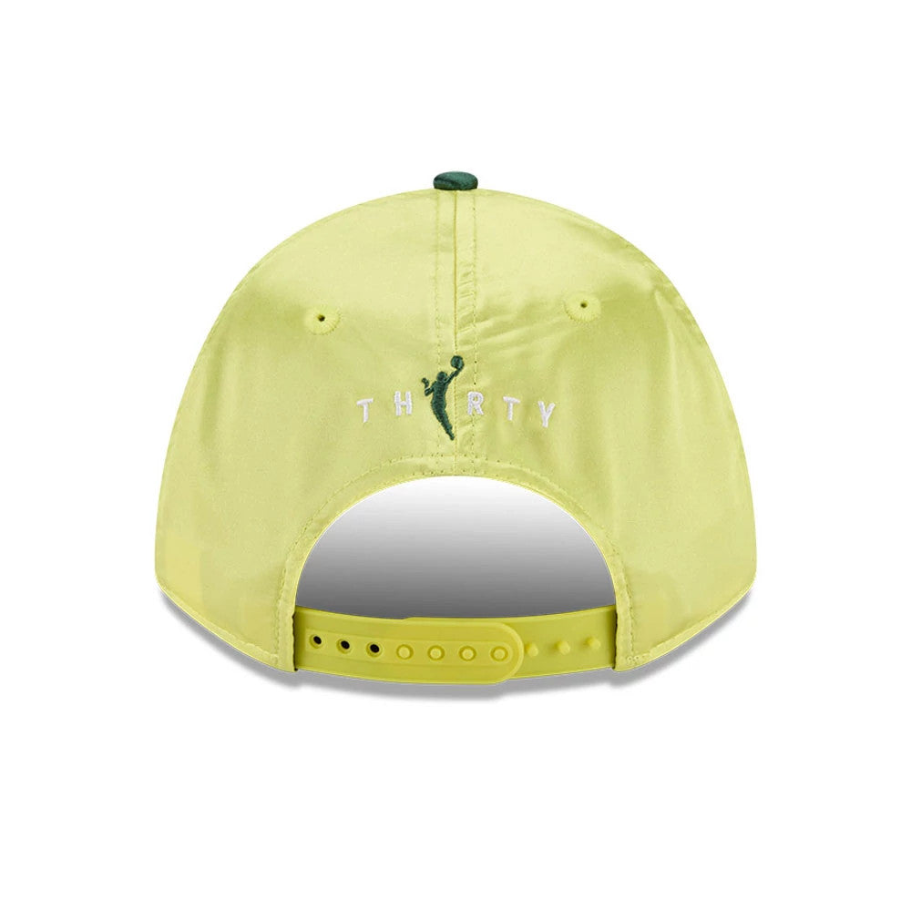 Seattle Storm WNBA Draft 2026 Yellow New Era 9FORTY M-Crown Adjustable Cap, rear view showing the embroidered Storm logo above THIRTY lettering, with a yellow adjustable strap at the bottom and matching eyelets on the structured crown.