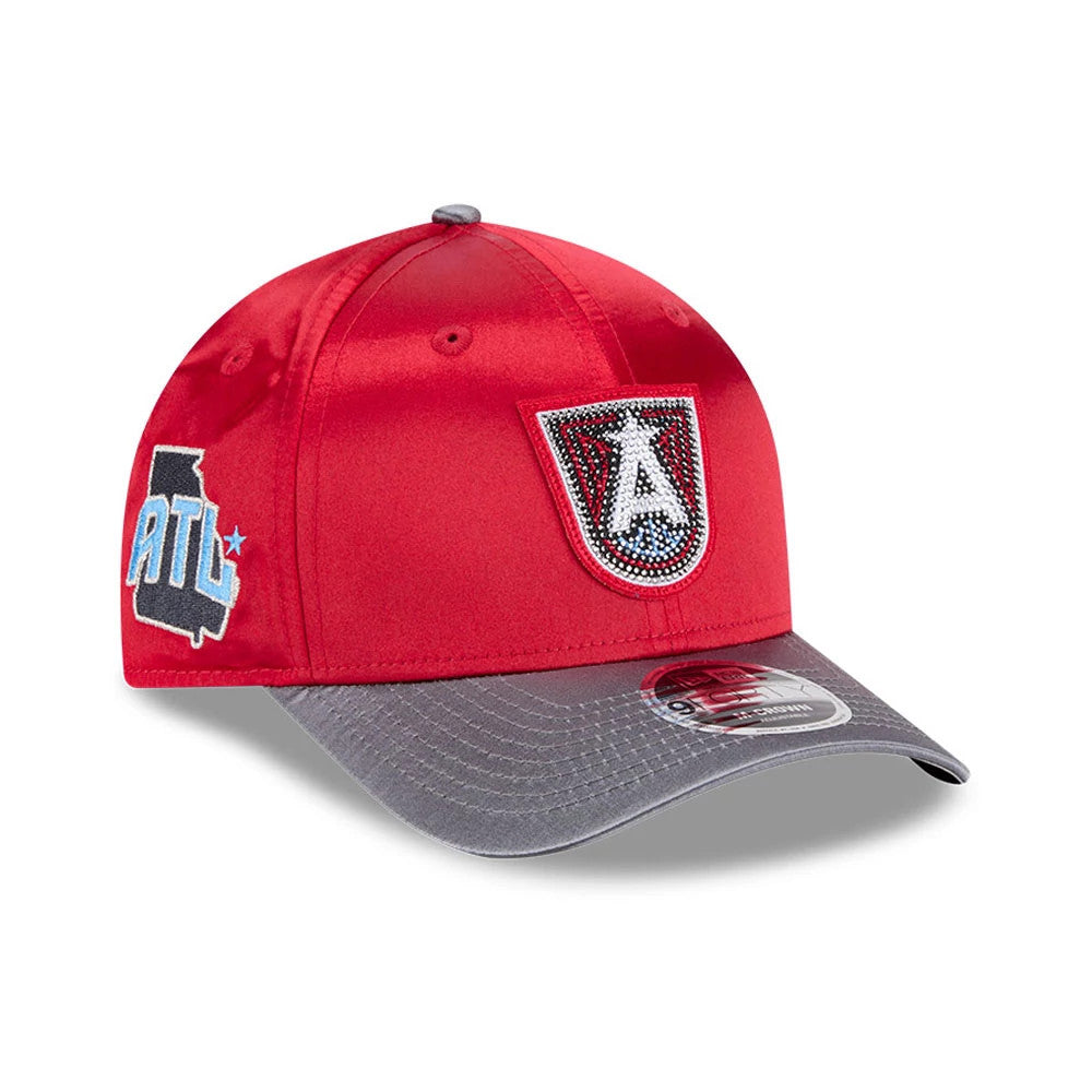 Atlanta Dream WNBA Draft 2026 Red New Era 9FORTY M-Crown Adjustable Cap, front view showing a prominent crystal-embellished A logo on the red front panel, grey curved visor with a 9FORTY size sticker, and ATL embroidery on the left side.