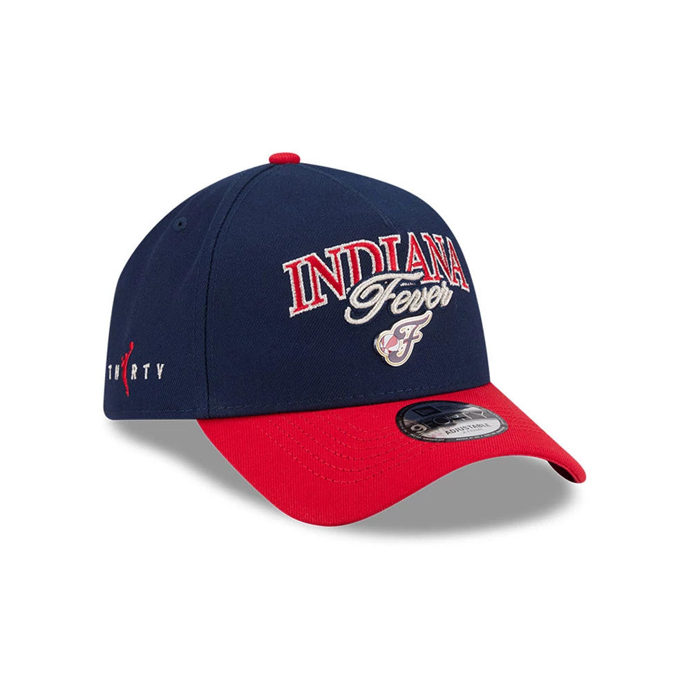 Indiana Fever WNBA Tip Off 2026 Navy New Era 9FORTY A-Frame Adjustable Cap, three-quarter view showing the raised red and white embroidered Indiana Fever logo on the front panel, a red curved visor, and a 9FORTY size sticker.
