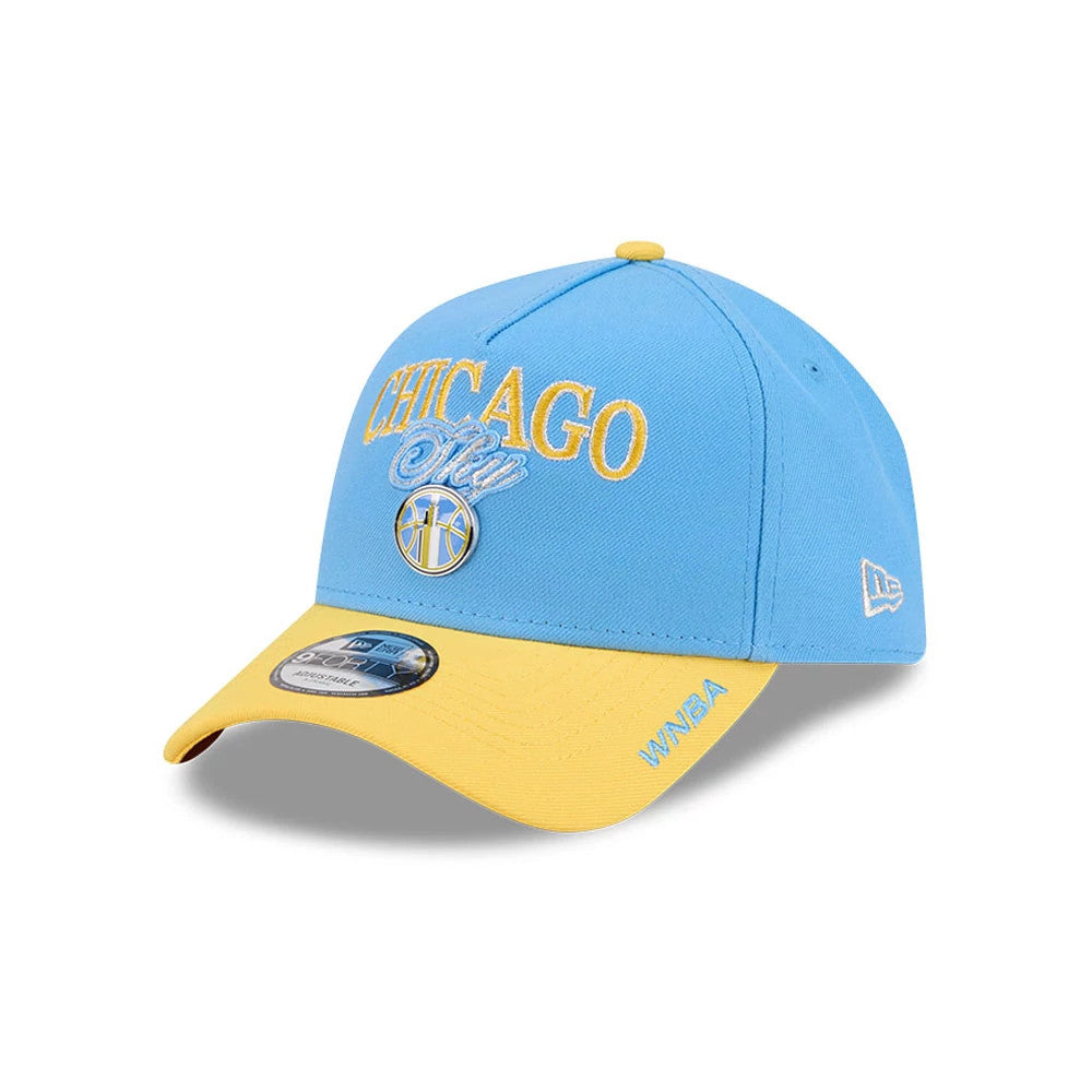 Chicago Sky WNBA Tip Off 2026 Light Blue New Era 9FORTY A-Frame Adjustable Cap, three-quarter view showing yellow and white embroidered logo on the front panel, yellow curved visor with WNBA text, and white New Era flag on the left side.