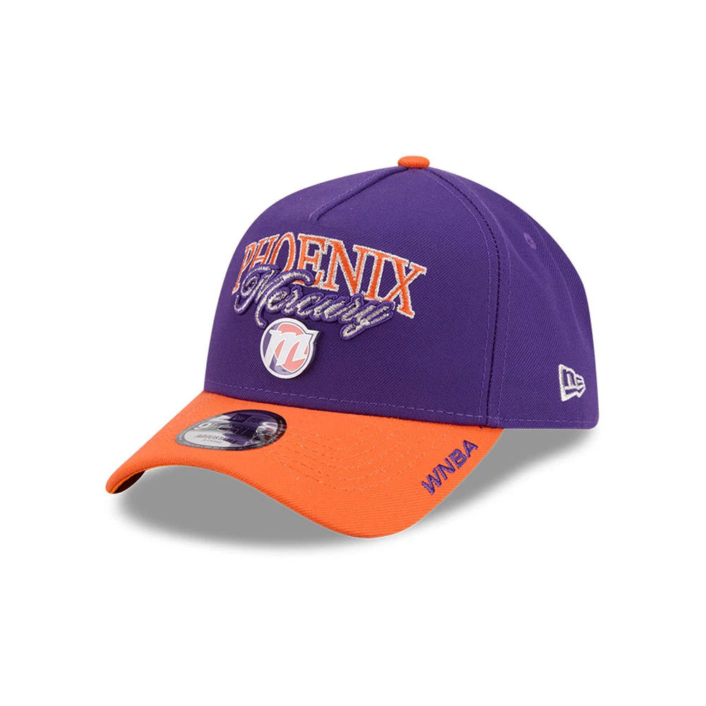 Phoenix Mercury WNBA Tip Off 2026 Purple New Era 9FORTY A-Frame Adjustable Cap, three-quarter view showing raised orange and white embroidered team lettering on the purple crown, an orange curved visor with WNBA lettering, and a 9FORTY size sticker.