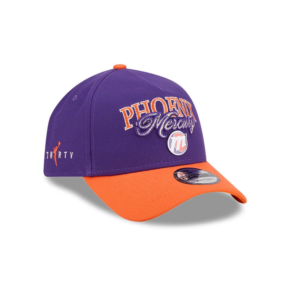 Phoenix Mercury WNBA Tip Off 2026 Purple New Era 9FORTY A-Frame Adjustable Cap, three-quarter view showing large white and orange embroidered Phoenix Mercury lettering on the front panel, an orange visor with a 9FORTY size sticker.