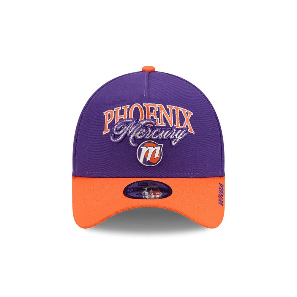 Phoenix Mercury WNBA Tip Off 2026 Purple New Era 9FORTY A-Frame Adjustable Cap, front view showing raised orange and white embroidered Phoenix Mercury lettering on the purple front panel, an orange visor with a 9FORTY size sticker.
