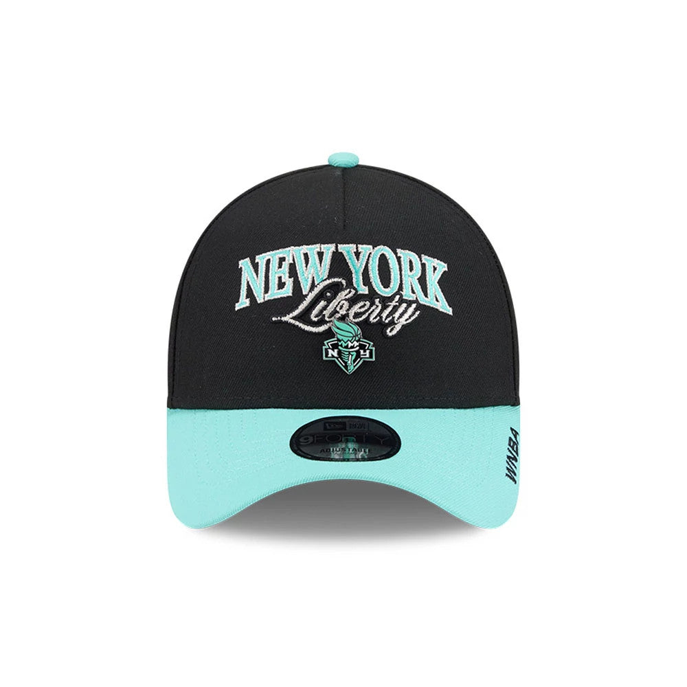 New York Liberty WNBA Tip Off 2026 Black New Era 9FORTY A-Frame Adjustable Cap, front view showing raised teal and white New York Liberty logo embroidery on the black front panel, with contrasting teal visor and black 9FORTY size sticker.