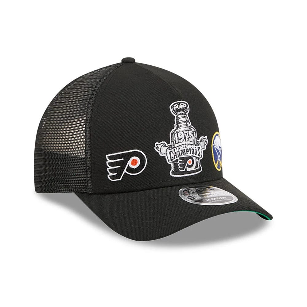 Pictured is this NHL Stanley Cup Champions Philadelphia Flyers 9FORTY M-Crown A-Frame Trucker Adjustable cap in black. 3