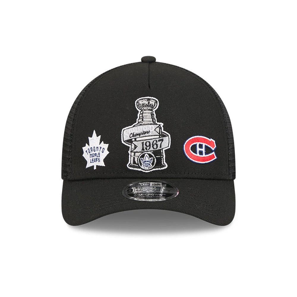 Maple Leafs NHL Stanley Cup Black New Era 9FORTY M-Crown A-Frame Trucker Adjustable Cap, front view showing white Stanley Cup embroidery with '1967' on the centre crown, flanked by blue Maple Leafs and red Canadiens logos.