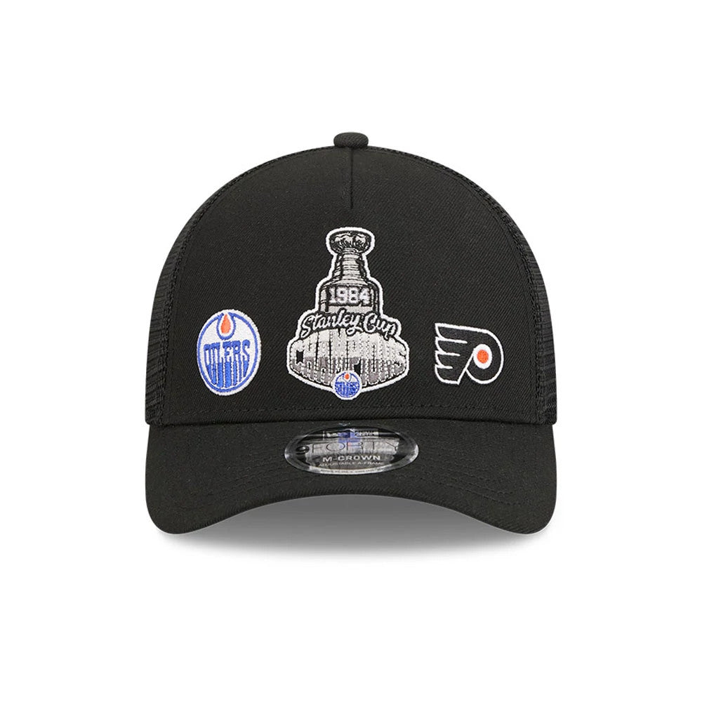 Pictured is this NHL Stanley Cup Champions Edmonton Oilers 9FORTY M-Crown A-Frame Trucker Adjustable cap in black. 3