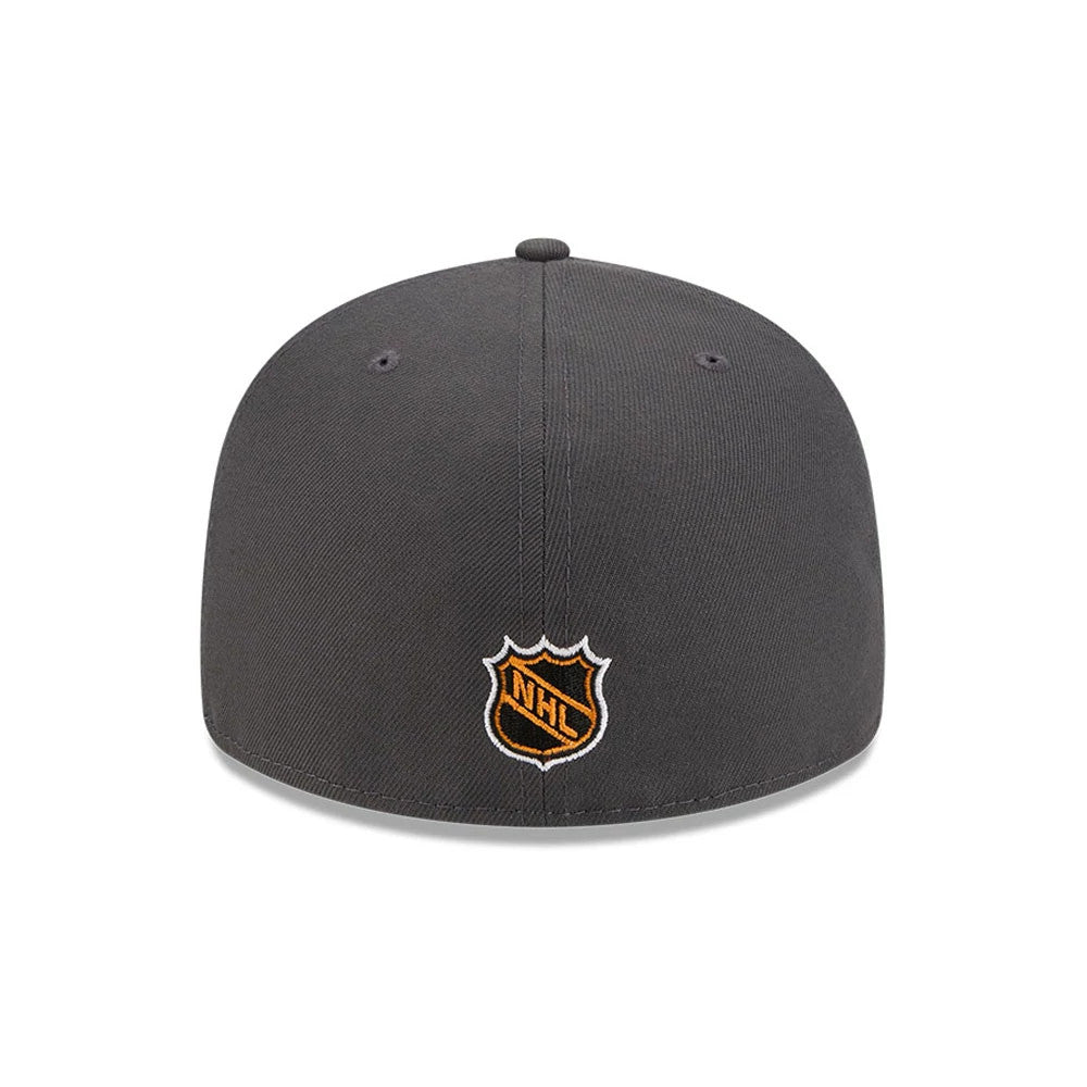 New York Islanders NHL Stanley Cup Champions Dark Grey New Era 59FIFTY Fitted Cap, rear view showing the orange and white embroidered NHL logo centred on the back panels, with a dark grey structured crown and matching top button.