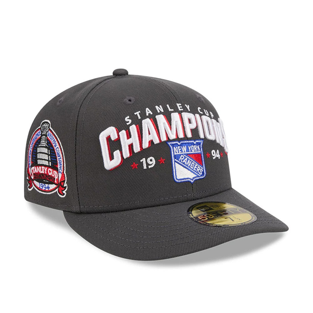 New York Rangers NHL Stanley Cup Champions Dark Grey New Era 59FIFTY Fitted Cap, front view showing white and red embroidered Champions lettering with a team logo on the structured crown, and a gold 59FIFTY size sticker on the flat dark grey visor.