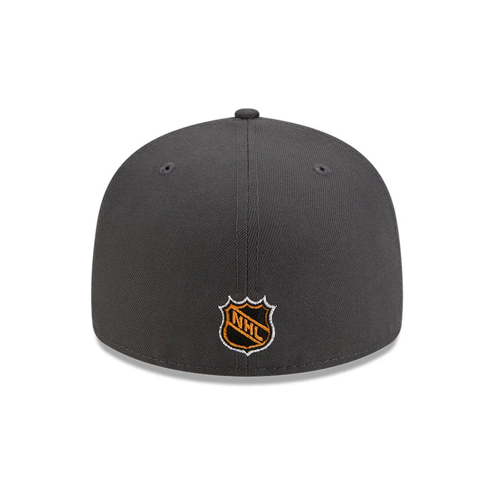 New York Rangers NHL Stanley Cup Champions Dark Grey New Era 59FIFTY Fitted Cap, rear view showing the embroidered NHL shield logo centrally positioned on the structured dark grey crown, complete with eyelets and a matching top button.