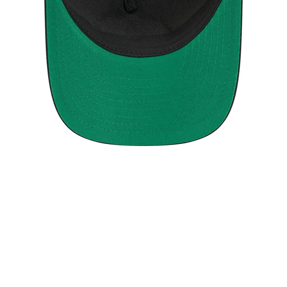 Rangers NHL Stanley Cup Black New Era 9FORTY M-Crown A-Frame Trucker Adjustable Cap, inside view showing a green undervisor, black sweatband for comfort, and detailed stitching along the edge of the visor.