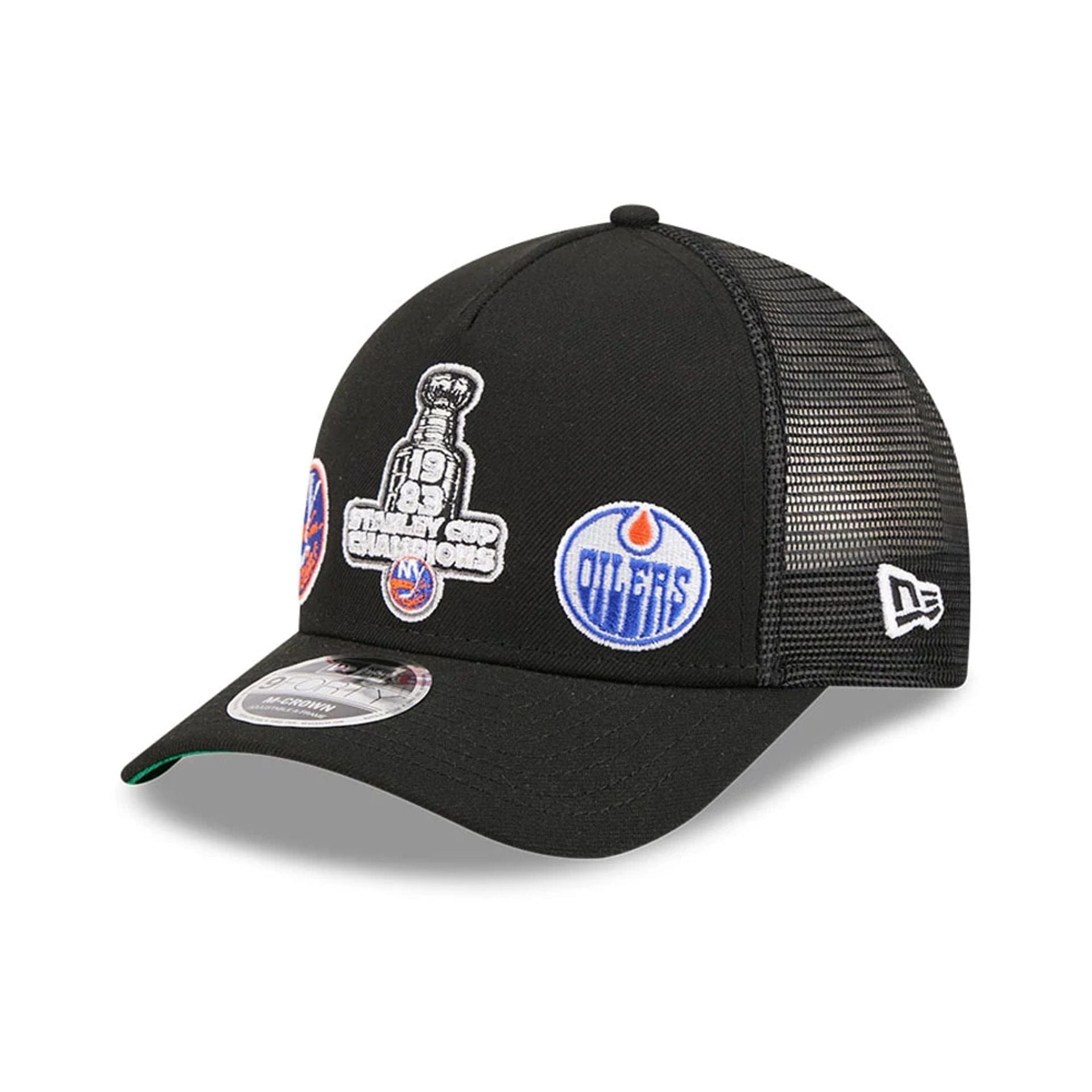 Pictured is this NHL Stanley Cup Champions New York Islanders 9FORTY M-Crown A-Frame Trucker Adjustable cap in black. 1
