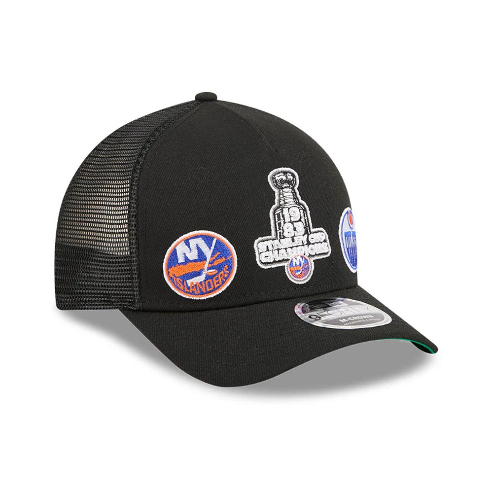 Pictured is this NHL Stanley Cup Champions New York Islanders 9FORTY M-Crown A-Frame Trucker Adjustable cap in black. 4