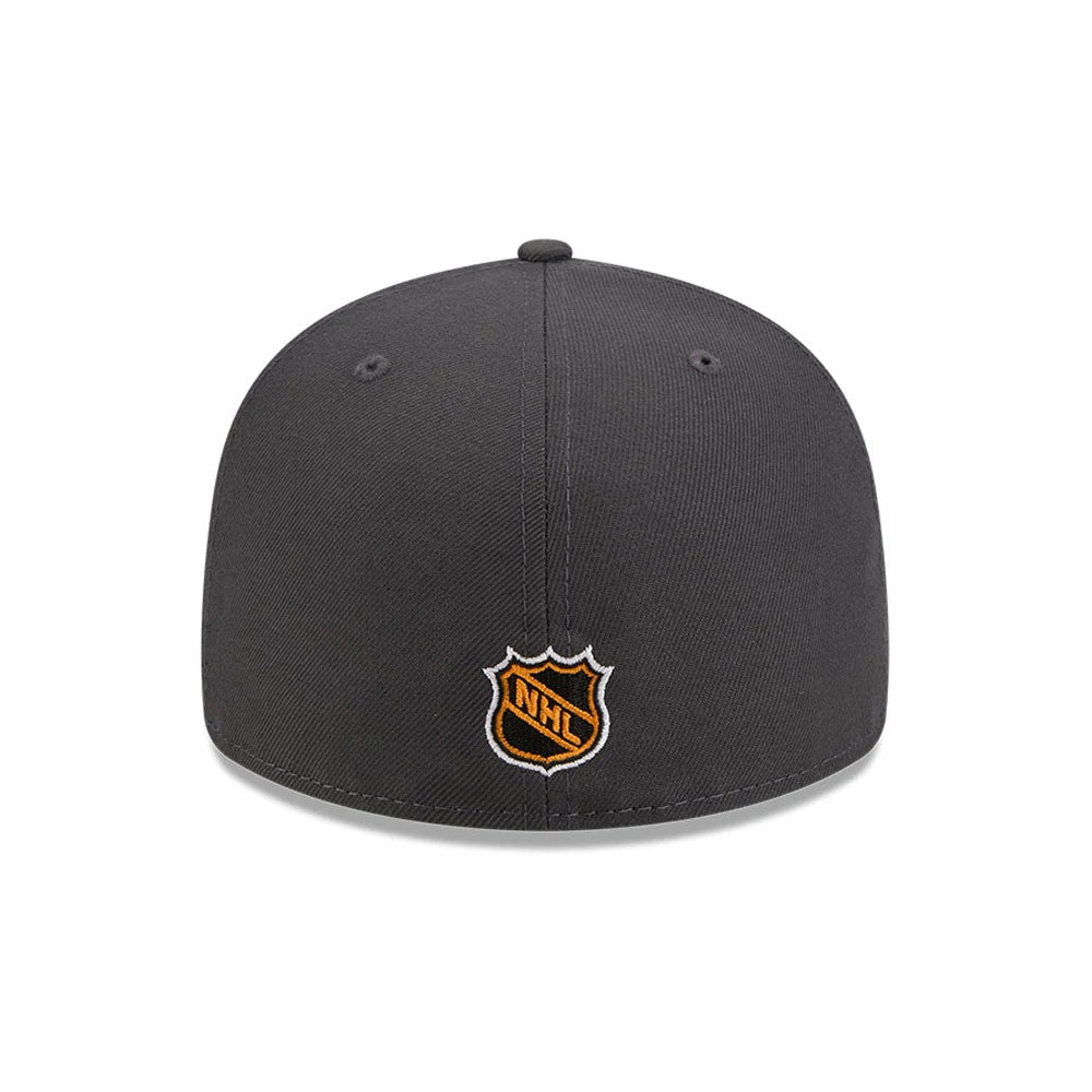 Anaheim Ducks NHL Stanley Cup Champions Dark Grey New Era 59FIFTY Fitted Cap, rear view showing the orange and black embroidered NHL shield logo at the centre back of the dark grey crown, with a top button and matching eyelets.