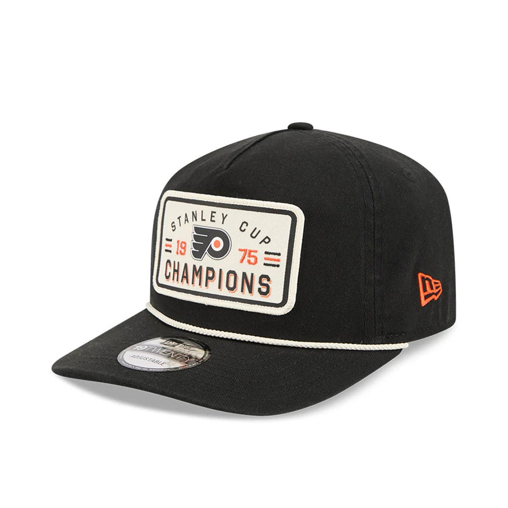 Philadelphia Flyers NHL Stanley Cup Champions Black New Era 19TWENTY Adjustable Cap, front view showing a large embroidered patch logo on the structured black crown, white cord across the base of the visor, and 19TWENTY size sticker.