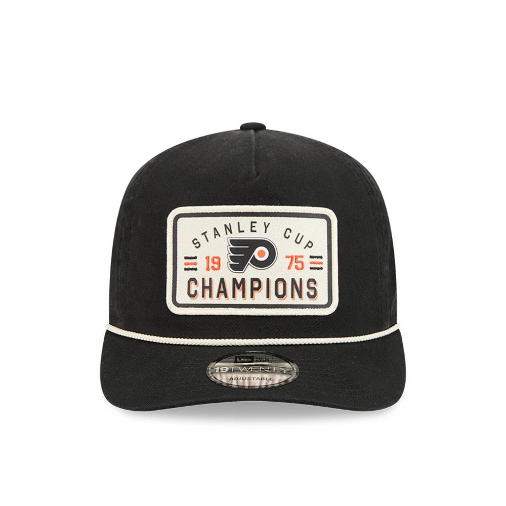 Philadelphia Flyers NHL Stanley Cup Champions Black New Era 19TWENTY Adjustable Cap, front view showing a large embroidered patch with Flyers logo, '1975 Stanley Cup Champions' lettering.