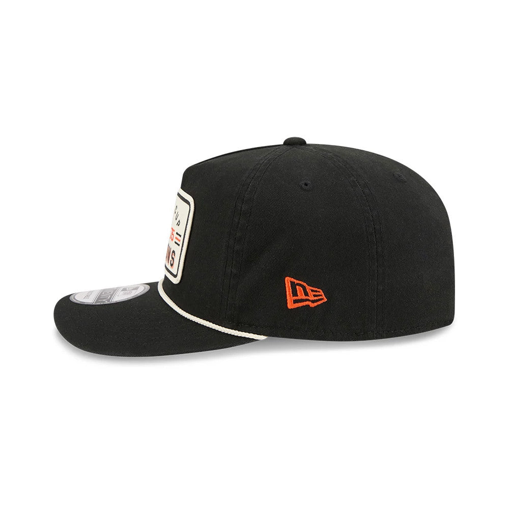 Philadelphia Flyers NHL Stanley Cup Champions Black New Era 19TWENTY Adjustable Cap, side view showing the orange embroidered New Era flag logo on the left side, a white and red patch on the front panel, and a flat black visor.
